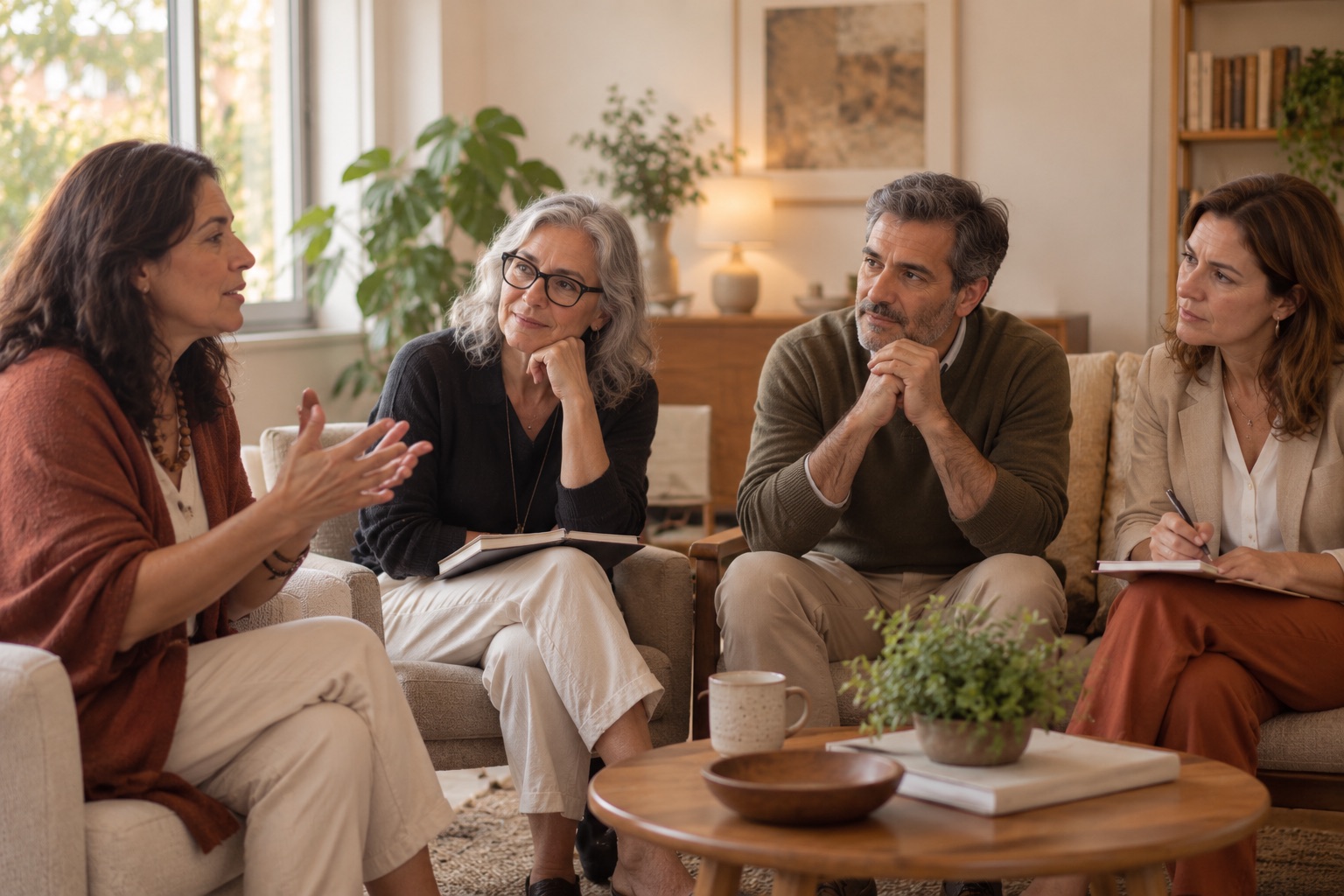 Cuatro coaches en una sesión de mentoría grupal